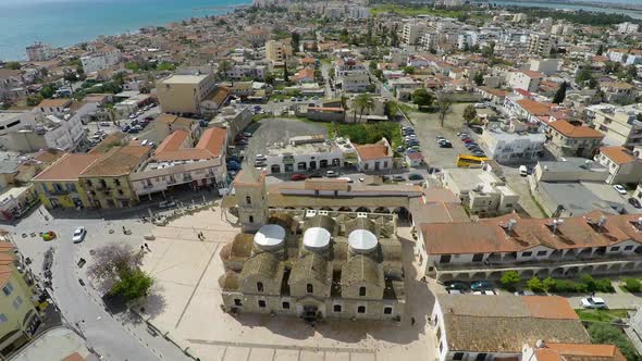 Flying Over Larnaca City Center, Cyprus. Aerial View of Saint Lazarus Church alt