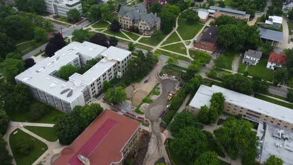 Oberlin College in Oberlin, Ohio. Aerial drone flyover of campus ...