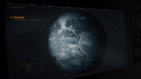 Modern spying system is scanning and analyzing the virtual spinning earth globe alt