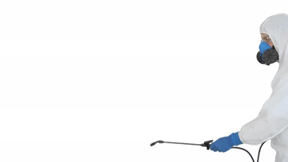 Disinfectant Worker in Protective Suit Making Disinfection on White Background. alt