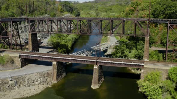 Trestle and Lower Train Bridge run across Susquehanna River Aerial alt