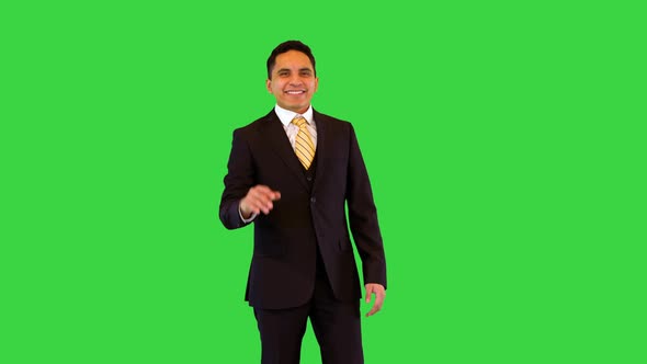 Confident Smiling Businessman Greeting to Partner or Colleague Executive Waving Hand and Talking on