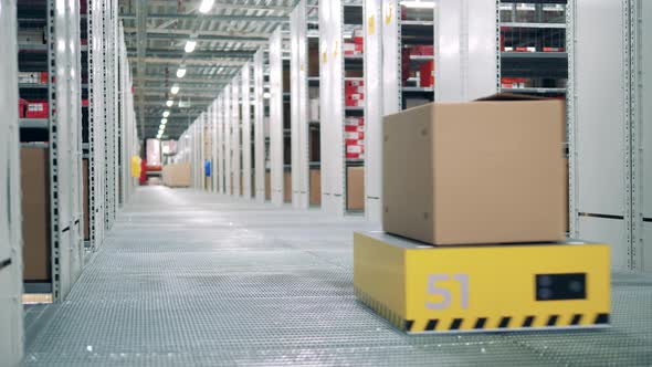 Storehouse Robot is Riding with a Box on Its Back alt