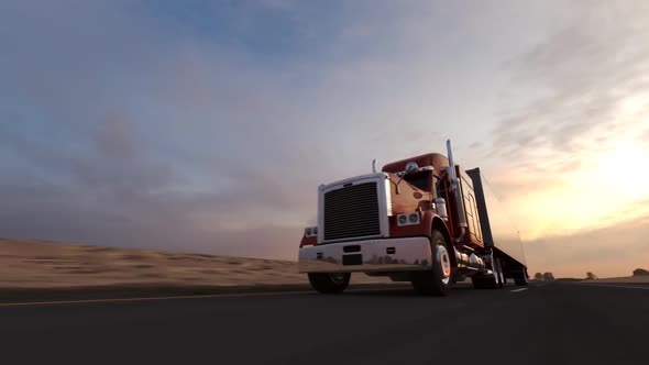 Huge semi-trailer cargo truck riding on the highway. Overall view animation. HD alt