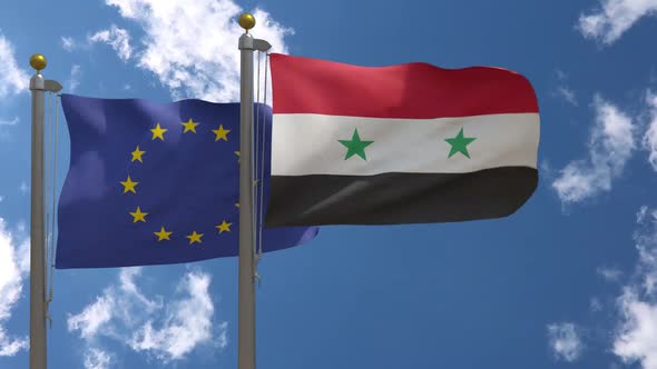 European Union Flag Vs Syria Flag On Flagpole alt
