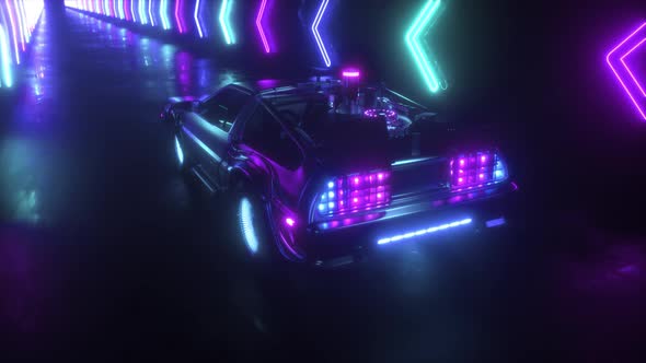 Futuristic Car Riding In Neon Glowing Tunnel Loop alt