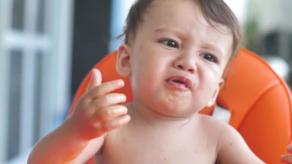 Closeup of a Child Trying a Tangerine for the First Time the Kid Takes a Slice of Tangerine with His alt