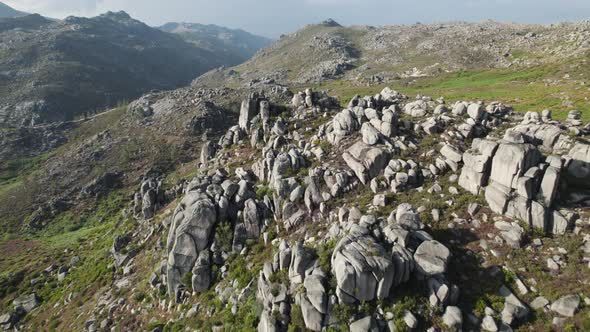 Drone fly above rock bound formation in north Portugal famous peneda geres national park