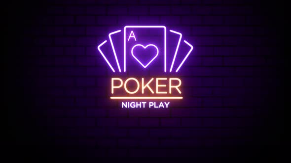 Poker Night Play Neon Sign on Brick Wall Background 4K alt