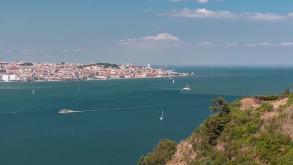 Panorama of Lisbon Historical Centre Aerial Timelapse Viewed From Above the Southern Margin of the alt