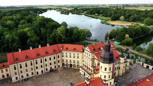 Flying Over the Nesvizh Castle, the Park Around the Castle and the Lake, Aerial Video of Nesvizh alt