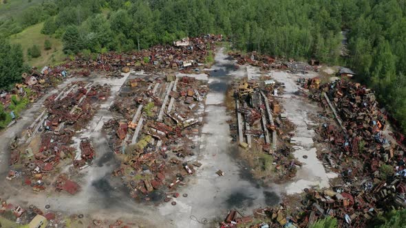 Drone Flight Over Scrap Landfill in Chernobyl Zone