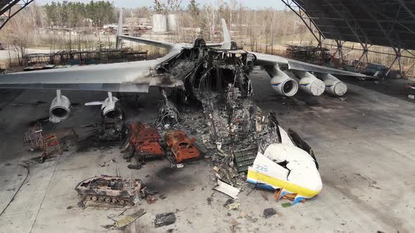 Burnt Out Plane After The Bombing. Bombed Ukrainian Biggest Plane