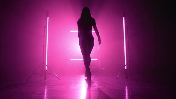 Beautiful Dancer Woman Walking Through Smoke Between Long Pink Lamps Forward From Camera alt