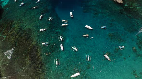 Aerial Drone View at Boats at Lagoon Bali Indonesia alt
