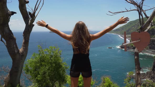 Girl Standing on a Cliff and Looking at the Sea. Bali, Indonesia alt