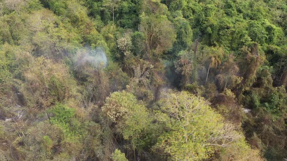 Dry area and smoke in vegetation in Sao Paulo state of Brazil drone shot alt