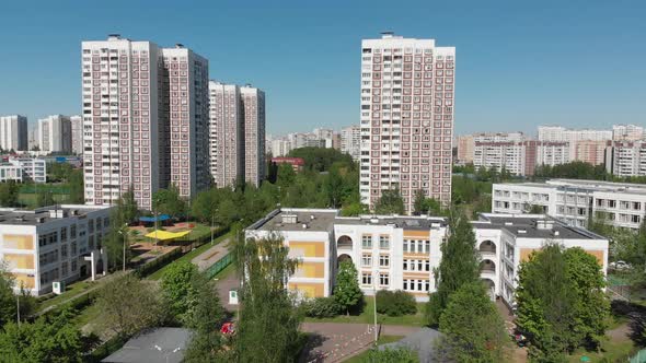 The Cityscape in Moscow From Above, Residential Buildings, School and Kindergarten. Russia