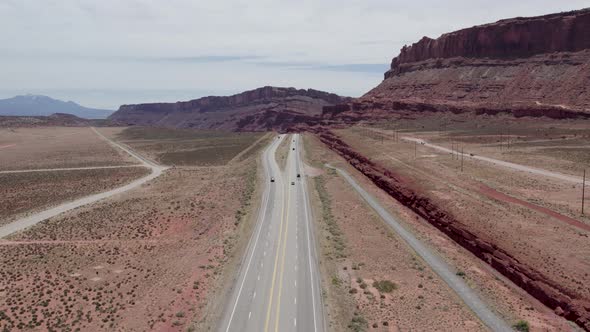 US Highway 191 Freeway Road in Southwest Desert in Moab, Utah - Aerial alt
