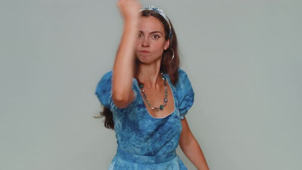 Aggressive Angry Woman Trying to Fight at Camera Shaking Fist Boxing with Expression Punishment alt