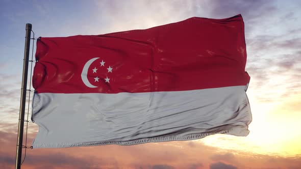 Flag of Singapore Waving in the Wind Against Deep Beautiful Sky at Sunset alt