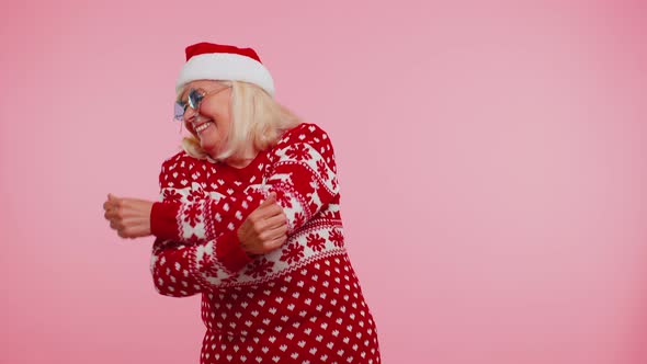 Senior Christmas Grandmother Woman with Deer Antlers Listening Music Dancing Disco Fooling Around alt