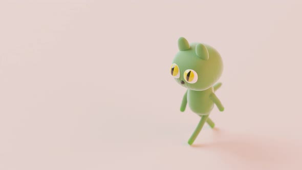 Cute cartoon green cat walking alt