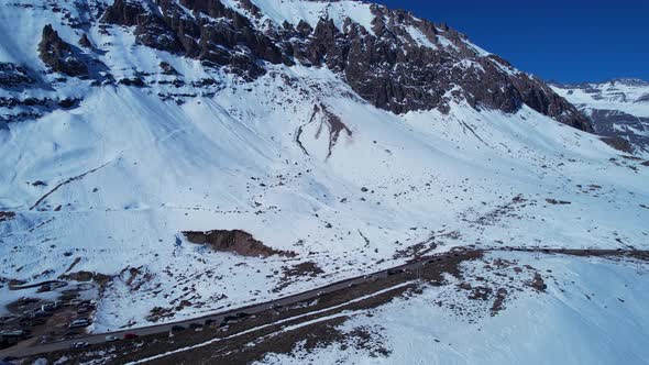 Ski station center at Andes Mountains. Snow winterness scenery. alt