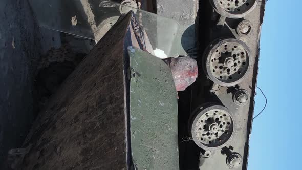 Vertical Video of a Destroyed Military Hardware in Bucha Ukraine alt