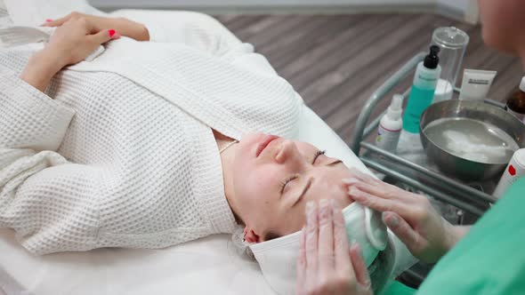 Girl Beautician Makes Facial Cleansing Procedure for Young Woman in Beauty Salon alt