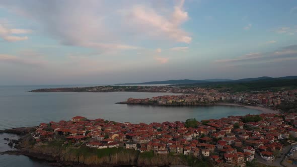 4k Aerial View Of Coastline, Ancient Town - Sozopol, Black Sea, Bulgaria alt