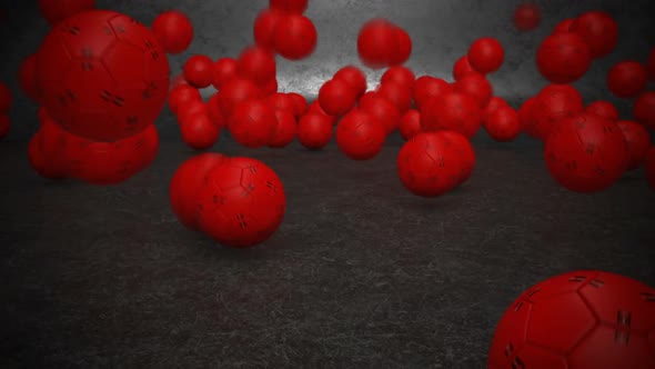 Miini reddish-black soccer balls bouncing invasion in dark gray environment. HD alt