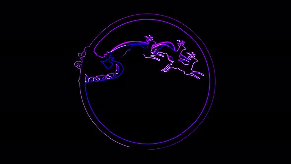 Animation of a neon line circle with a Christmas theme Santa Claus and his reindeer team.