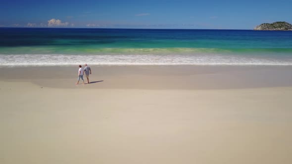 Senior Couple Walking Hand in Hand on Sandy Beach
