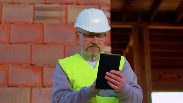 Worker Architect Wearing a Safety Hardhat and Vest Working with Digital Tablet on Construction Site alt