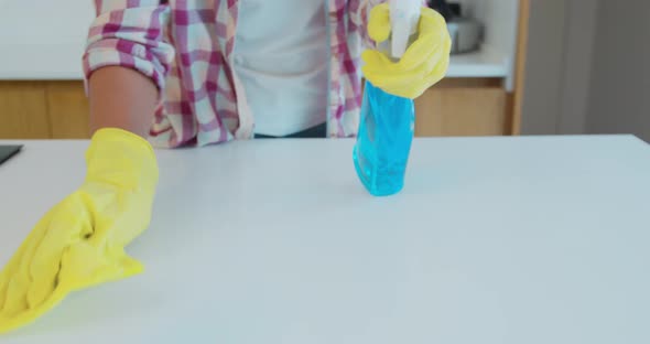 Cleaning the Kitchen. Housekeeper Washes the Kitchen Table. alt