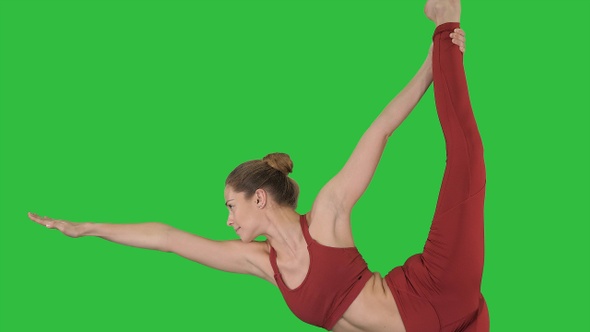 Yoga teacher practising pose dandayamana dhanurasana on alt