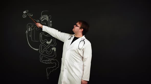 Doctor Standing at Chalkboard Explains That It is Necessary to Take Pills If you Have Stomach Ache alt