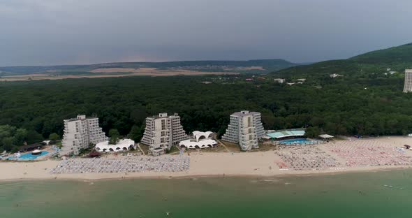 Aerial view of the beach and hotels in Albena, Bulgaria., Stock Footage