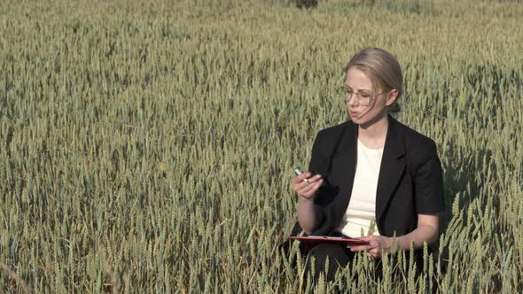 employee of an agricultural firm with notebook checks the quality of wheat in the field