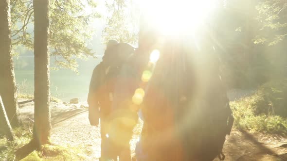 Slow motion shot of two friends hiking in Bavaria, Germany