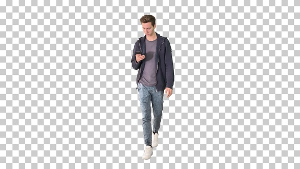 Young man in casual clothes text messaging, Alpha Channel alt