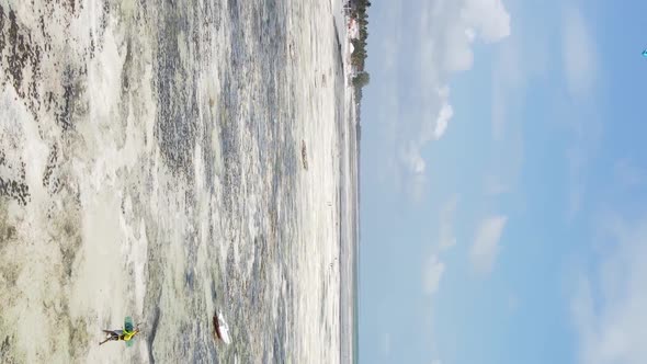 Zanzibar Tanzania  Vertical Video Kitesurfing Near the Shore of Ocean Slow Motion alt