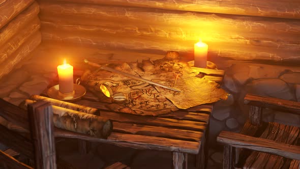 Cartoon treasure map on a tavern table warmly lit by a warm candle. 4KHD alt