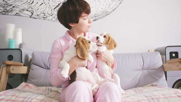 Happy Young Caucasian Female Sitting on Sofa in Pink Pyjamas and Holding in Arms Two Beagle Puppies alt