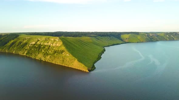Aerial View of Wide Dnister River and Distant Rocky Hills in Bakota Area Part of the National Park alt