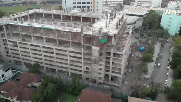 Aerial view of building construction site. drone shot of developing city