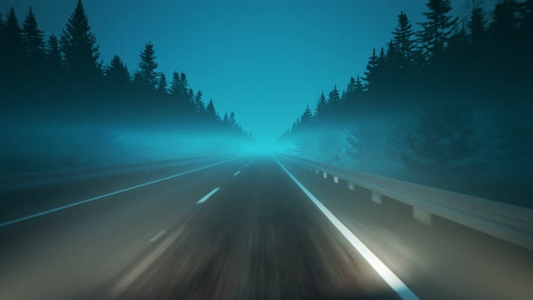 Endless drive through foggy landscape at night. Fast racing through highway