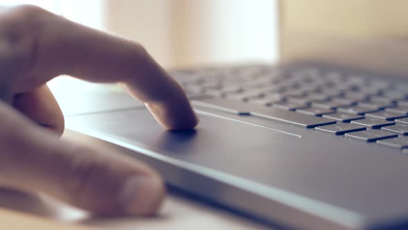 Hand Typing On Keyboard And Using Laptop Touchpad. Businessman Graphic Designer Working Laptop. alt