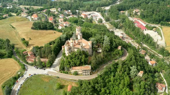 Aerial Drone Panoramic View of the Rocchetta Mattei Castle in Italy on Sunny Summer Day View From alt